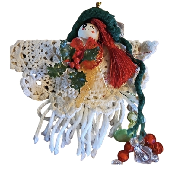 Hand Crafted Crochet Angel white green red colors multicolored plastic beaded - Picture 1 of 17